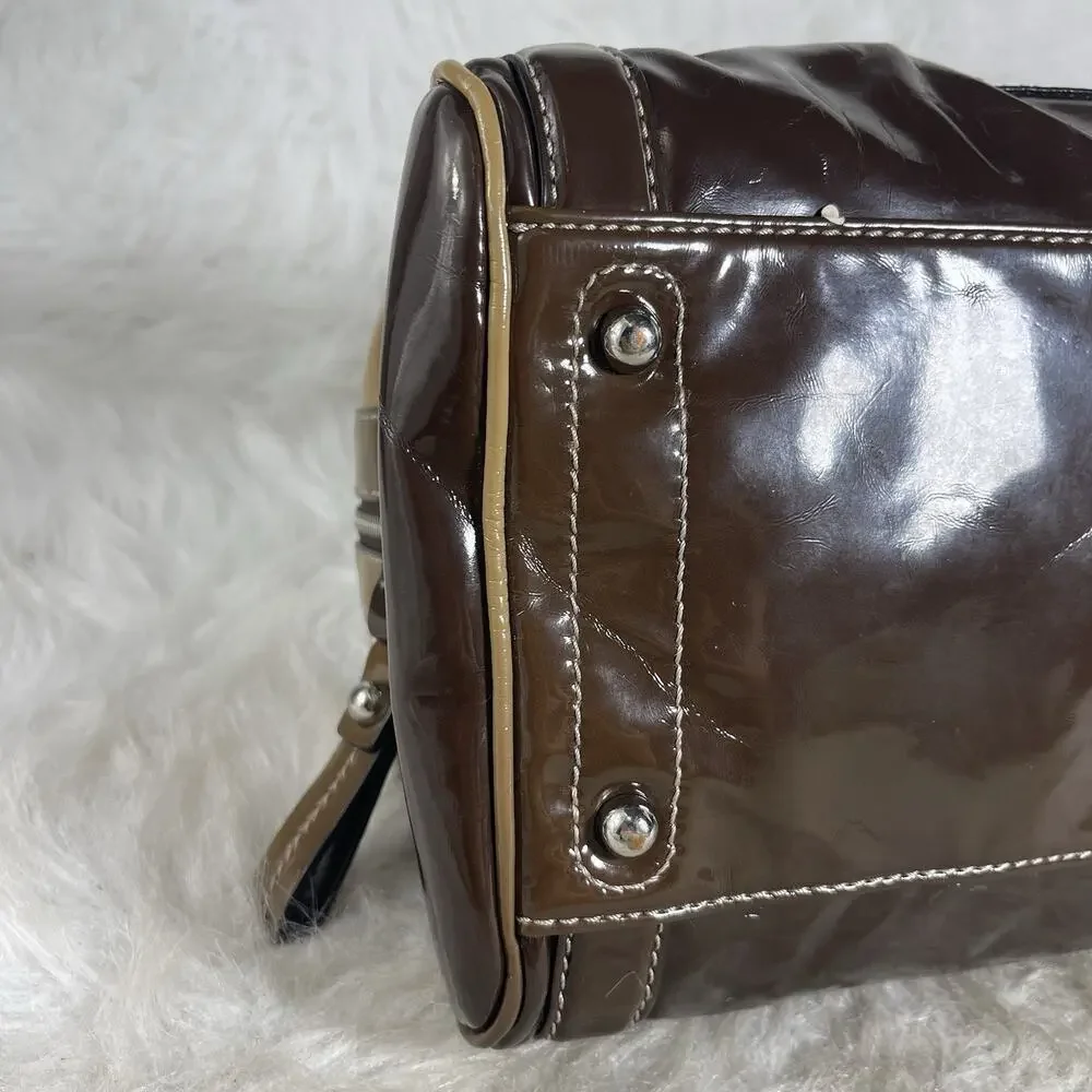 GUESS Patent Leather Satchel Shoulder Bag Brown Tan Logo Purse W015017